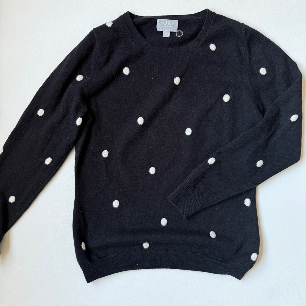 Pure Collection Black Crewneck Sweater with White Polka Dots